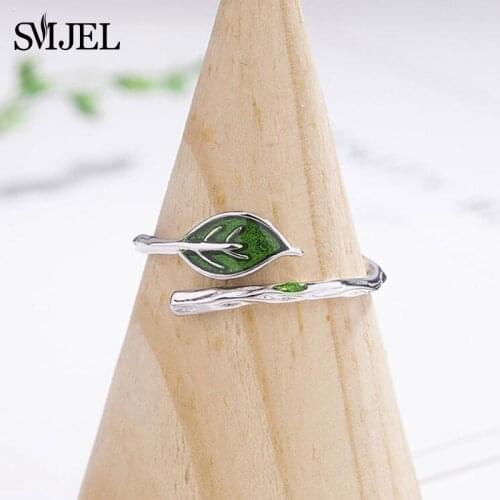 SMJEL New Green Leaf Branch Rings for Women Open Adjustable Finger Rings lovely Jewelry Vintage Vine Leaf Ring anillos
