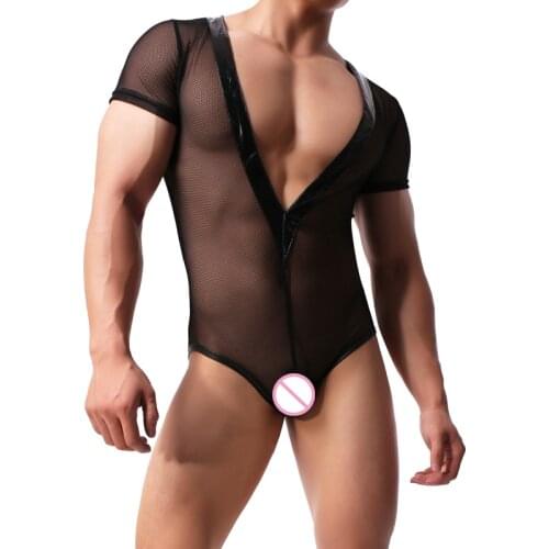 Men Transparent Jumpsuits Mesh Black Deep V Neck Mens Wrestling Singlet Short Sleeve Underwear See Through Sexy Bodysuit