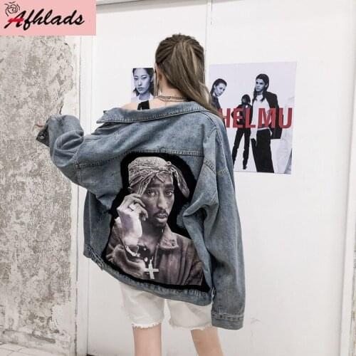 Hip-Hop Streetwear Character Applique Loose Denim Jacket Graffiti Single-Breasted Spring And Autumn Turn-Down Collar Jacket
