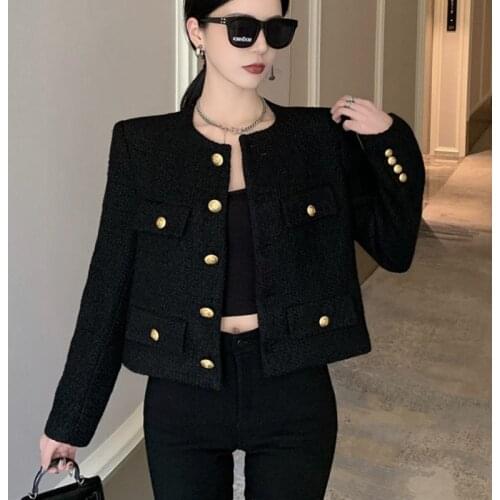 Fall Winter French Vintage Small Fragrant Tweed Jacket Coat Women Elegant Casual Woolen Short Coats Streetwear Outwear Crop Top