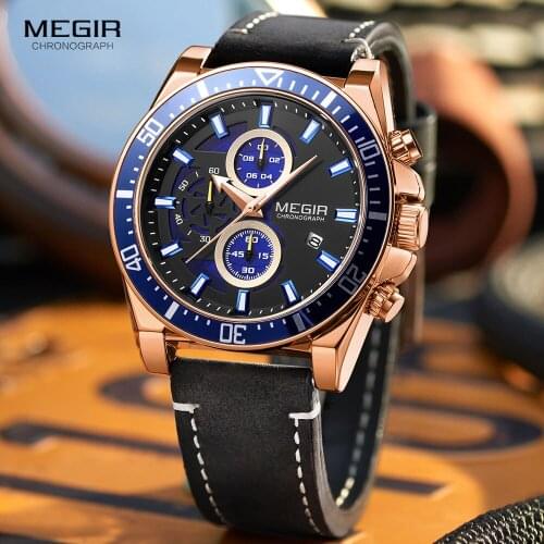 MEIGR Fashion Leather Strap Military Sport Watches Men 2020 Luxury Chronograph Quartz Watch Man Waterproof Luminous Wristwatch