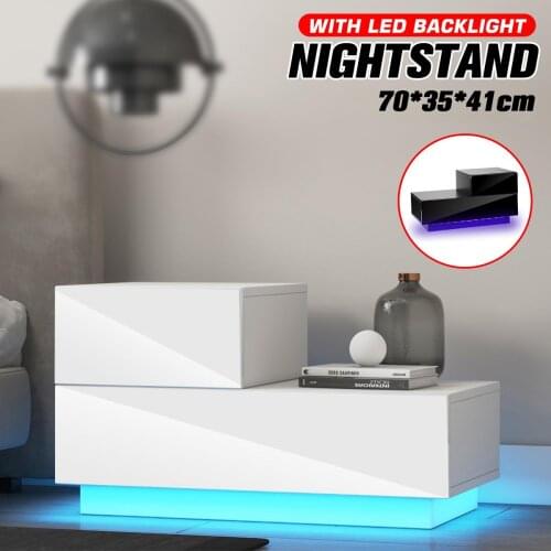 Multifunction RGB LED Nightstands Cabinet Storage Organizer Bedside Table Home Bedroom Furniture 2Drawers High Gloss Night Table