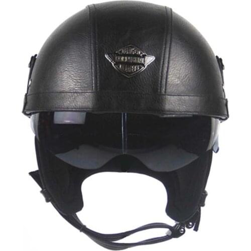 TKOSM Motorcycle Motorbike Rider Half Open Face PU Leather Helmet Visor With Collar Leather vintage Motorcycle Motorbike Vespa