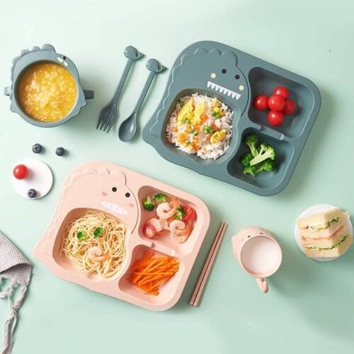 Baby Dinosaur Tableware Set Childrens Dinner Plate Compartment Home Creative Cartoon Anti-fall Infant Food Bowl & Cup BPA Free