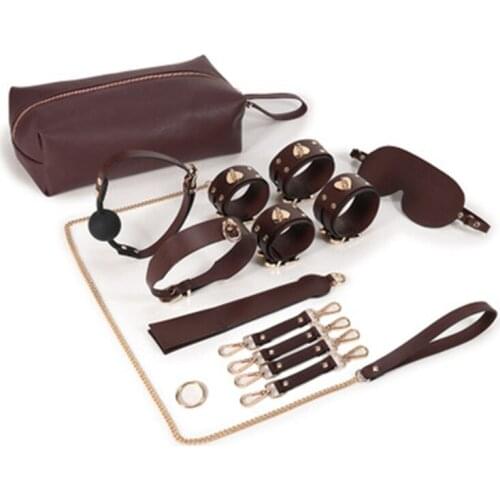 New Adult Games Interest Bondage Set Open Mouth Gag Leather Blindfold Mouth Gag Leather Whip Restraints Slave Sex Toy For Couple