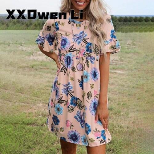 2021women summer floral print short sleeve Casual Loose o-neck mini dress fashion Office Lady Vacation dresses Plus size clothes