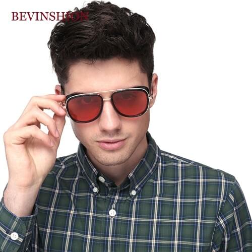 Brand Iron Man Tony Glasses Men Square Sunglasses Male Women Double Beam Red Lens Yellow Night Vision Goggles Windproof Vintage
