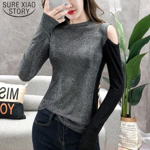 Solid Stitching O-neck Clothes Women Casual One Shoulder Top Blusas Mujer De Moda 2021 Women Tops and Blouse 6242 50