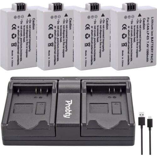 PROBTY 4pcs LP-E5 LP E5 Camera Battery + USB Dual Charger For Canon EOS 450D 500D 1000D Rebel XS XSi T1i KISS X2 X3 F SLR camera