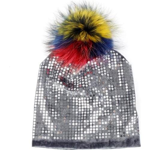 Woman Velvet Beanie Hat Adult Headgear With Sequins Real Raccoon Fur Pompom 15cm Skull Cap Warm Thick For Lady Female Bonnet