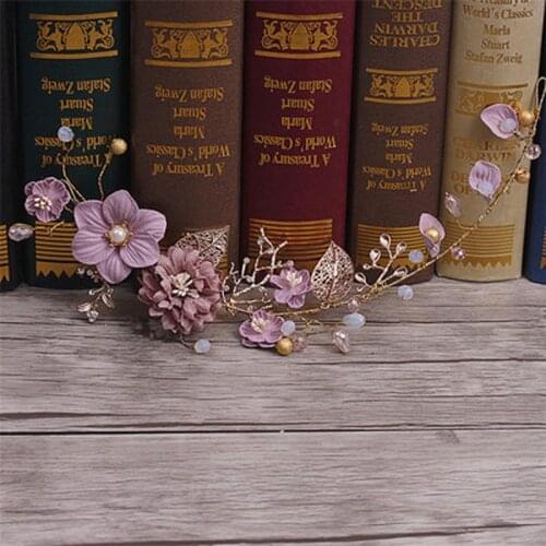 Fashion Gold Wedding Hair Accessories Purple Flower Headband Handmade Headdress Crystal Hairband Bridal Party Women Hair Jewelry