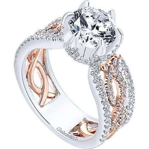 Fashion Two-Tone Flower Full Crystal Zircon Rose Grid Ring for Women Engagement Wedding Party Rings Jewelry Size 5-11