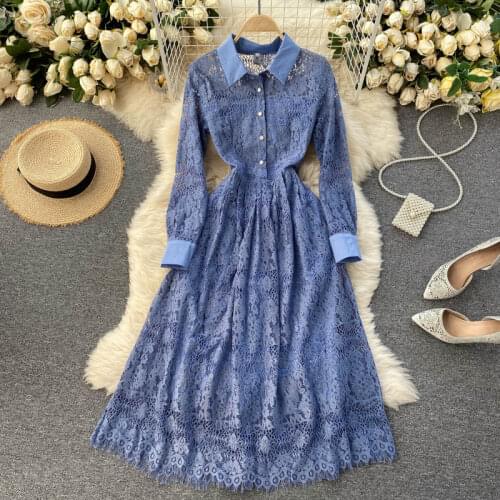 SINGREINY Women French Lace Dress Retro Turndown-Collar Long Sleeve Button Blue A-line Dresses 2021 Spring Elegant Party Dress