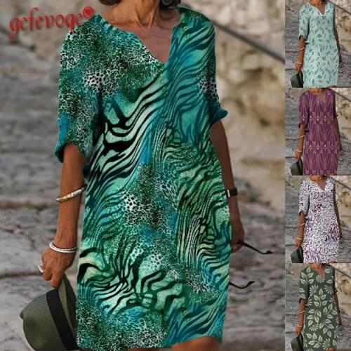 Summer Fashion Womens Clothing V-Neck Half Sleeve Elegant Dress Casual Loose Plus Size Robes Harajuku Irregular Printed Dresses