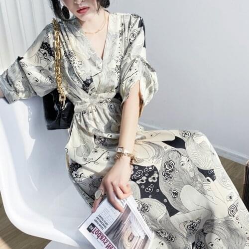 Dresses for Women 2021 Retro Oil Painting Style Summer Dress Plus Size Women Clothing Midi Skirt Floral Dress Sets Fairy Grunge