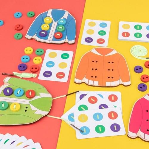 4Pcs Kid Wooden Clothes Buttons Threading Interactive Game Early Educational Toy
