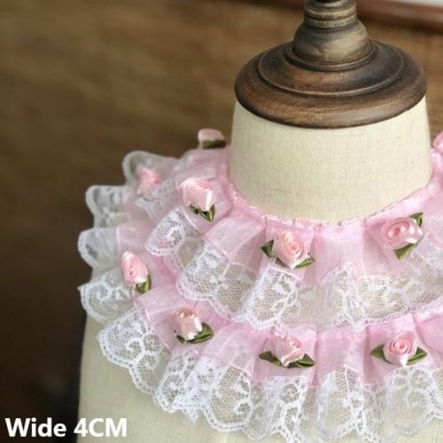 4CM Wide Luxury Tulle White Mesh Pink 3D Flowers Pleated Chiffon Fabric Lace Appliques Collar Trim Wedding Dress Sewing Decor