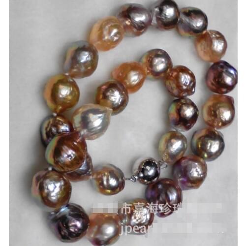 Free shipping 13-14 mm baroque multicolor pearl necklace 18inch 925s