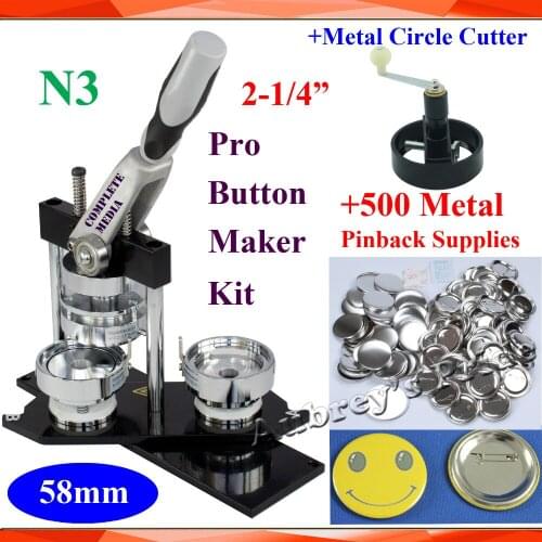 Free Shipping Pro N3 Worldwide Class 2-1/4":58mm Badge Button Maker Machine +Metal Circle Cutter+500 Sets Metal Pinback Supply