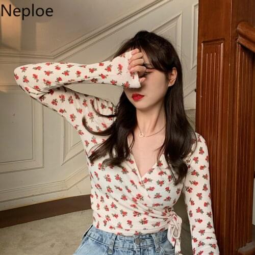 Neploe Flower Print T Shirts Women Spring 2021 Sweet V Neck Long Sleeve Female Tops New Casual Drawstring Ladies Tees 49644