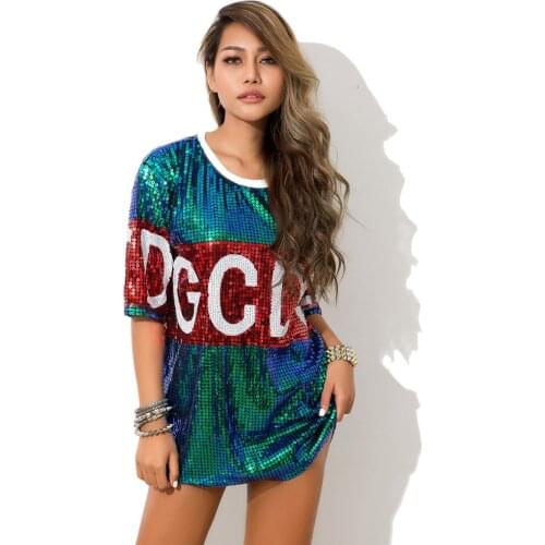Sequins T shirt women Hip hop vintage Letter print Summer tops streetwear Street dance Loose Stylish Silver red Female tshirt HL