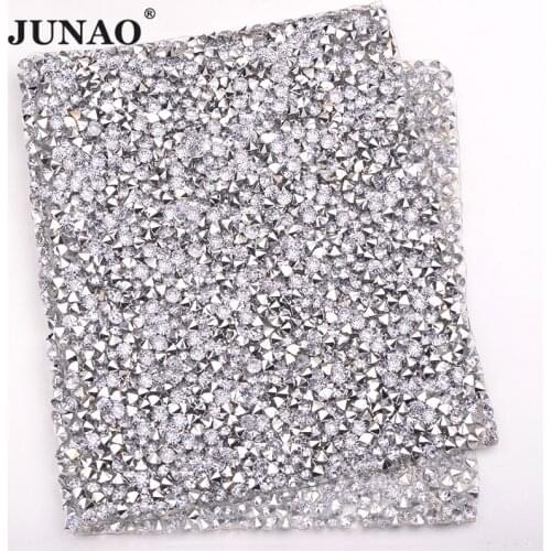 JUNAO SS20 4mm Clear Silver Hotfix Rhinestones Mesh Trim Iron On Crystal Applique Motifs Strass Ribbon Banding For Bags Crafts