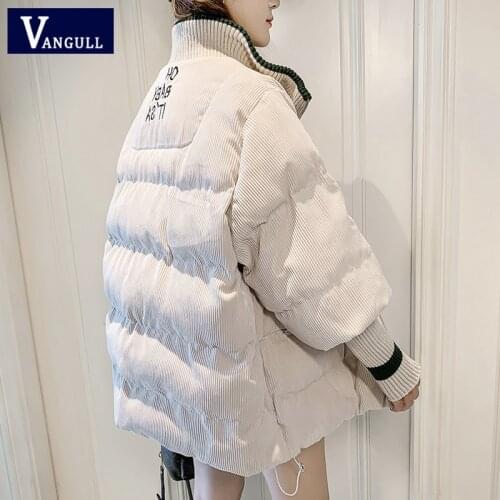Vangull Embroidery Corduroy Women Jacket Winter Warm Thick Snow Zipper Coat Female Loose Overcoat jointed Long sleeve Parkas
