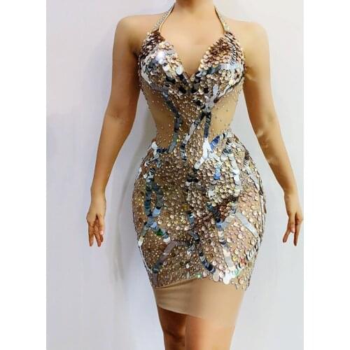 Flashing Rhinestones Sequin V-Neck Transparent Short Dress Birthday Celebrate Outfit Bar Prom Wear Women Dancer Dresses DT2057