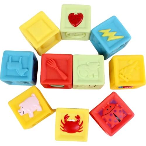 Bagged Soft Rubber Blocks 10Pcs /set Baby Blocks Toys Non-toxic Soft Plastic Cartoon Cube Building Blocks Baby Educational Toy