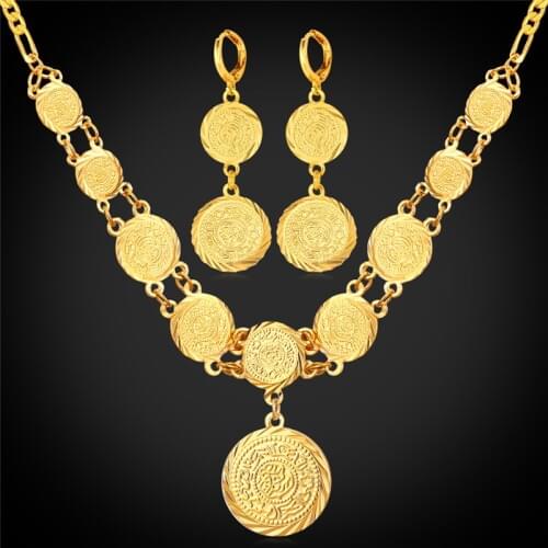 Kpop Coin Set Round Pendant Necklace Earring Gift Gold Color Money Symbol Classic Jewelry Vintage Set For Women NE204