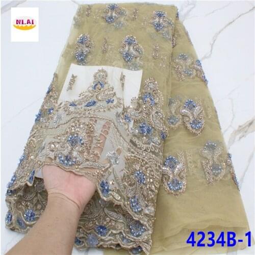 Latest Design High Quality African Nigerian Tulle Lace Fabric Embroidery Beaded Lace French Dress Prom Party 5yards NA4234B-1