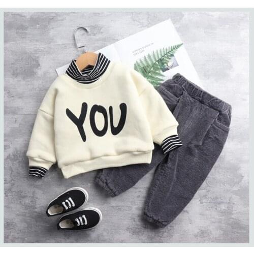 New male baby plus velvet high collar boy dress sweater 2-6 years baby autumn and winter handsome printed letters clothes suit