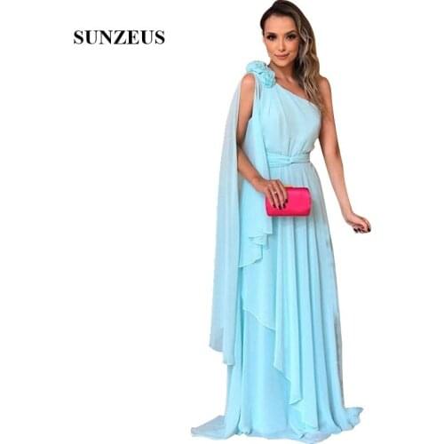 One Shoulder Bridesmaid Dress Light Blue Chiffon Wedding Guest Dress A-line Long Women Party Gowns 2020 sukienka druhna