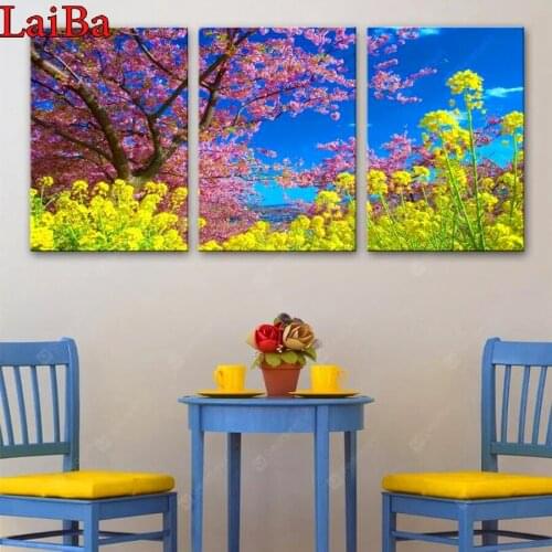 Rape blossoms FULL Mosaic 5D DIY Diamond art Embroidery home decoration pink Flower big tree diamond painting cross stitch 3 pcs