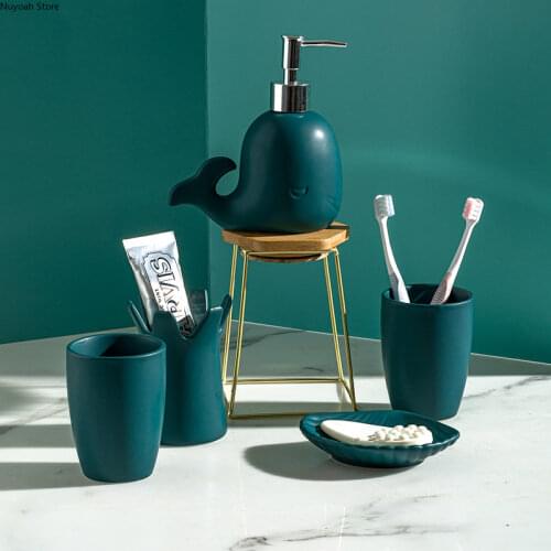 Creative Ceramic Bathroom Decoration Accessories Cute Animal Lotion Bottle Toothbrush Holder Mouthwash Cup/soap Dish/washing Set