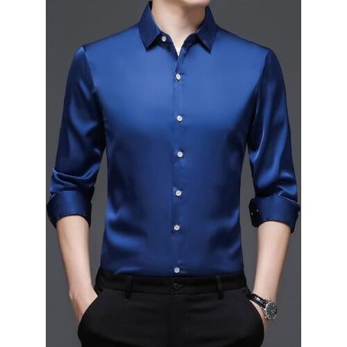 Blue Smooth Cozy Mens Satin Oversize Costume Burgundy Silk Shirts For Mens Claret Gentlemen Classic Office Wear Large Sizes Red