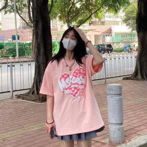 Harajuku Sweet Tshirt Women Casual Tee Heart Graphic Tops Summer O-neck Loose Shirt Girl Preppy Clothes Plus Size Tee Shirt