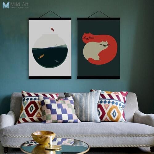 Vintage Retro Minimalist Cute Animals Art Print Poster Wall Picture Cat Fish Canvas Living Room Home Decor Painting Custom