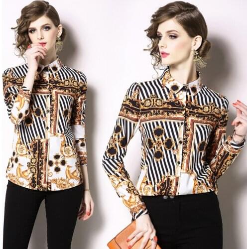 New Spring Summer Fall Runway Vintage Baroque Striped Print Collar Long Sleeve Womens Ladies' Party Casual OL Top Shirts Blouse
