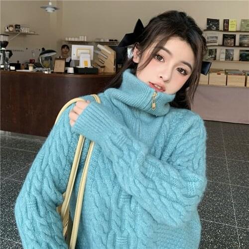Twist thicken turtleneck sweater 2021 women fall/winter loose zipper Knit wool sweaters solid warm Female pullover tops trend