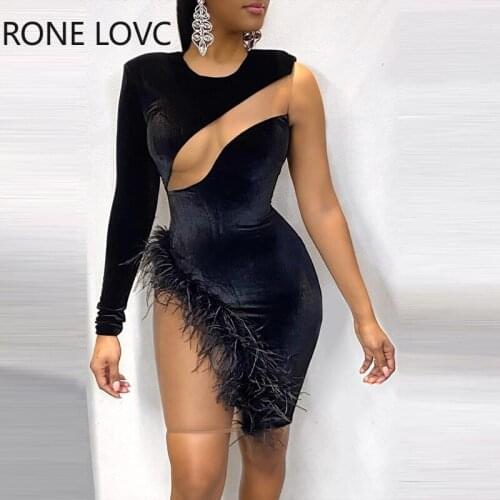 Women One-Shoulder Solid Fluffy Trim Sheer Mesh Bodycon Sexy Dress Fashion Party Dress