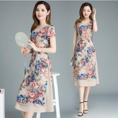 Women Floral Party Dress 2020 Summer New Chiffon Retro Elegant A-line Short Sleeve Vintage Dress Large Size