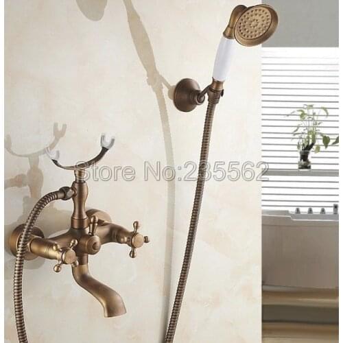 Antique Brass Wall Mount Clawfoot Bathtub Tub Faucet With Hand Shower Spray Head With Dual Handles Telephone Style ltf154