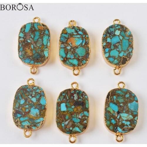 BOROSA Gold Plating Natural Stone Turquoises Double Charms for Bracelets Making Gems Stone Necklace Pendant diy Jewelry G2000