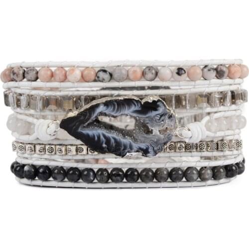 Unique Natural Agates Drusy Wrap Bracelet Female Handmade Boho Bracelet For Women Girls Natural Stones Leather Bracelet Dropship