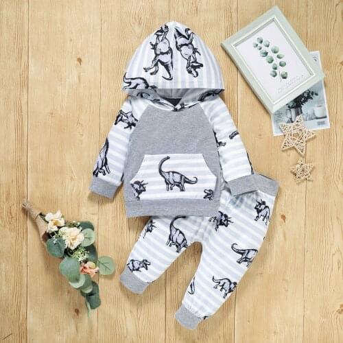2Pcs Little Boys Outfit Toddlers Leisure Style Cartoon Dinosaur Printing Long Sleeve Hooded Tops + Striped Long Pants Set