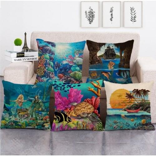 Beautiful Ocean View Series Cushion Cover Cute Mermaid Pattern Linen Pillowcase Pillow Covers Decorative