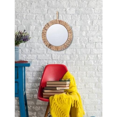 Retro Simple Round Rattan Hanging Mirror Nordic Pastoral Style Living Room Bedroom Porch Decora Mirror Bathroom Makeup Mirror