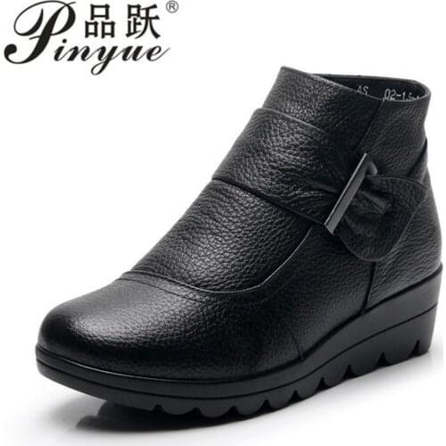 Fashion Winter Women Leather Ankle Boots Female Thick Plush Warm Snow Boots Mother Waterproof Non-slip Booties