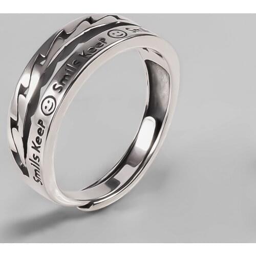 Ckysee Real 925 Sterling Silver Rings Double Layers Keep Smile Face Happy Engaved Women Silver Ring For Men Lovers Gift